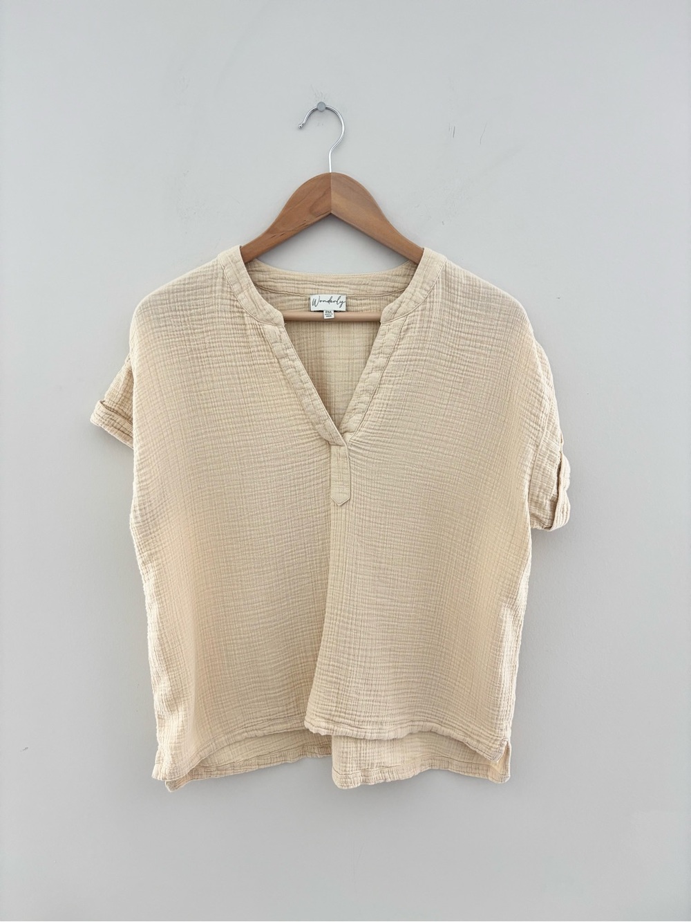 Wonderly 100% Cotton Gauze Split Neck Short Sleeve Blouse | PM